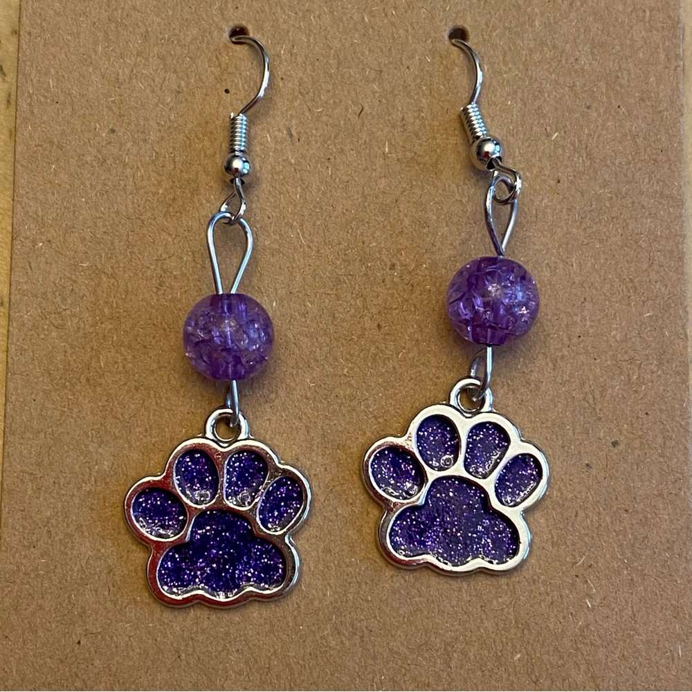 Hand Crafted Purple Paw Print Beaded Dangle Earrings